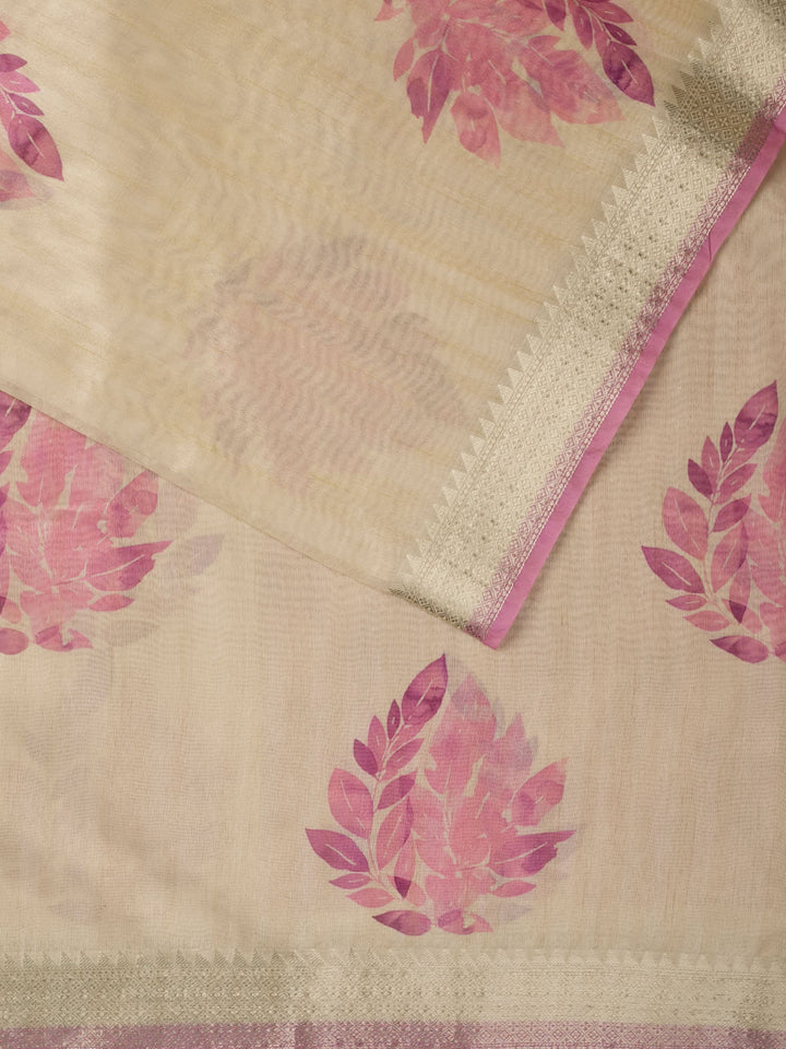 Pink Chanderi Floral Print  Banarasi Saree