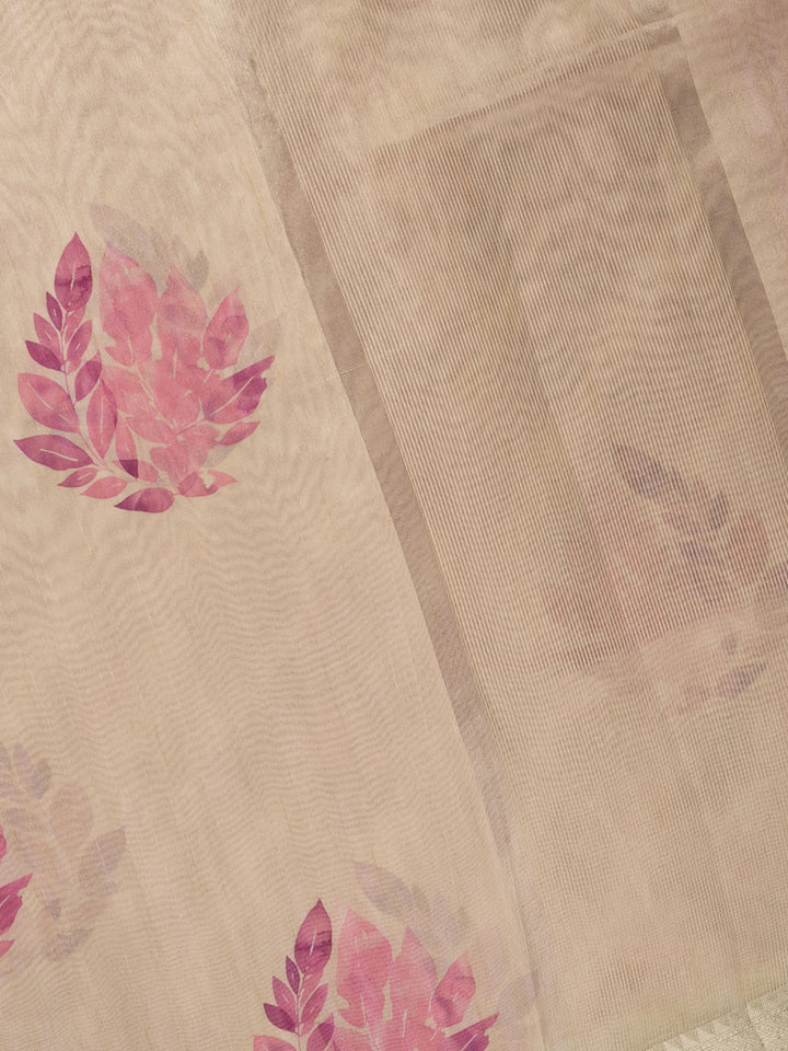 Pink Chanderi Floral Print  Banarasi Saree