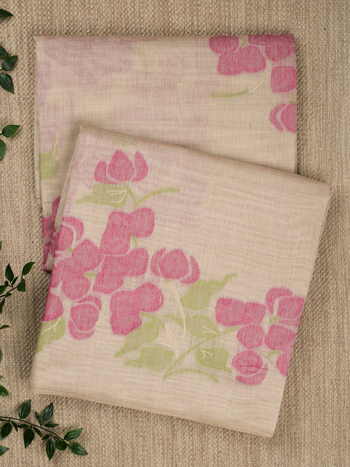 Pink Chanderi Floral Print  Banarasi Saree