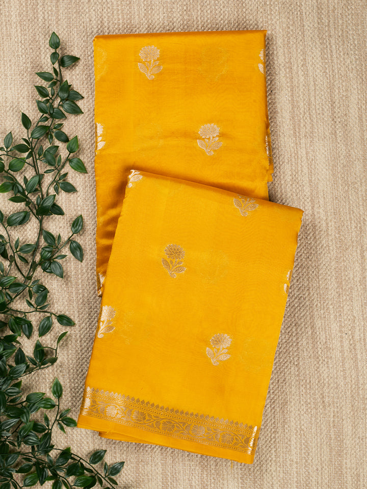 Yellow  Pure Silk Plain With Zari Buti Banarasi Saree