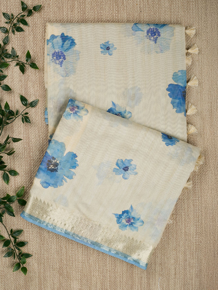 Blue Chanderi Printed Banarasi Saree