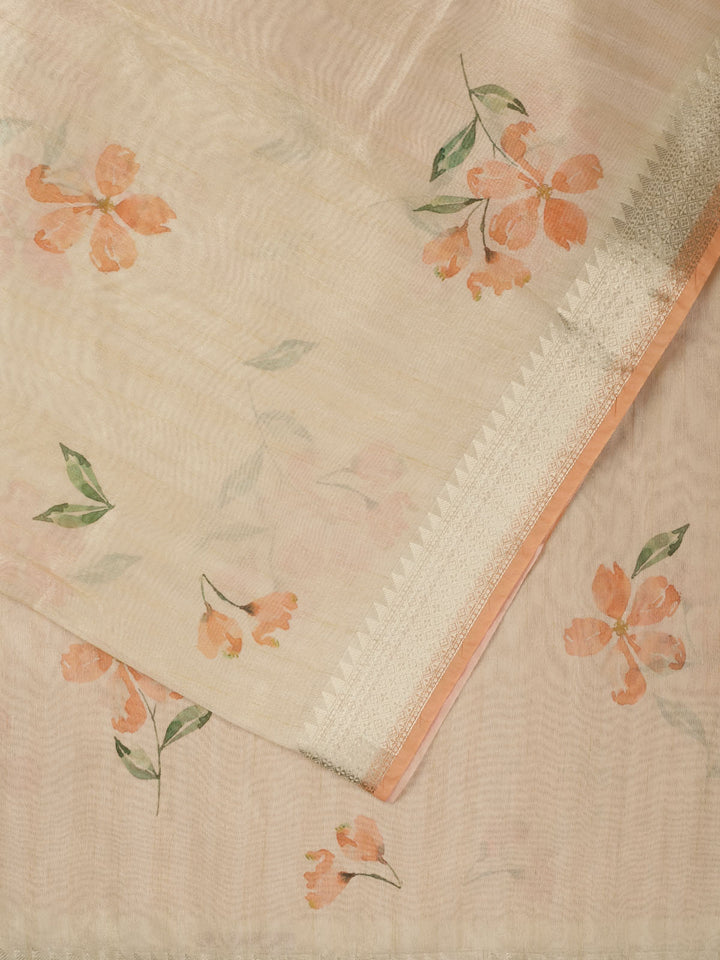 Orange Chanderi Printed Banarasi Saree
