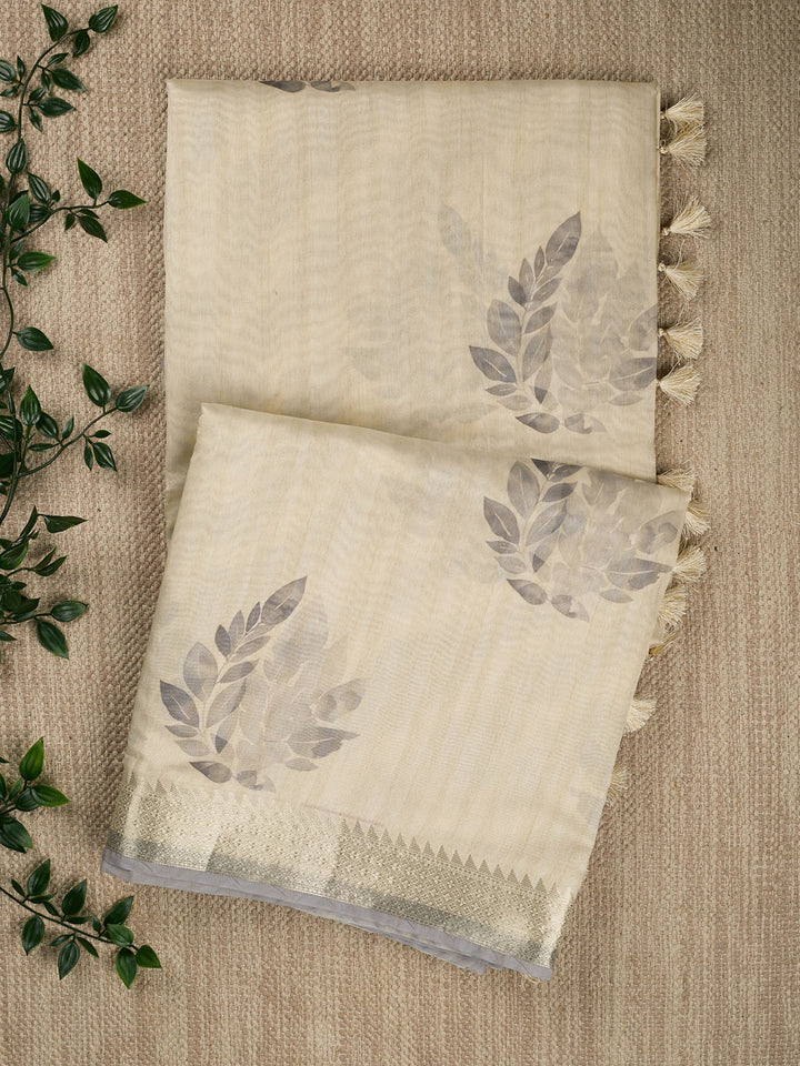 Grey Chanderi Floral Print Banarasi Saree