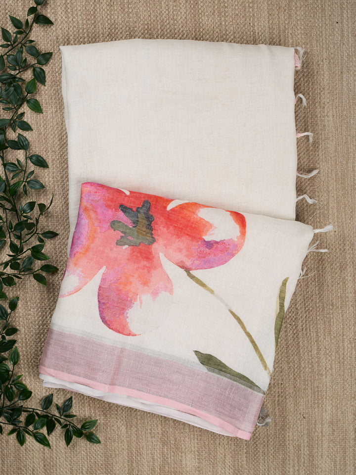 White Pure linen Plain Banarasi Saree