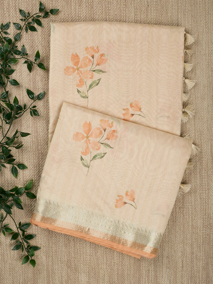 Orange Chanderi Printed Banarasi Saree