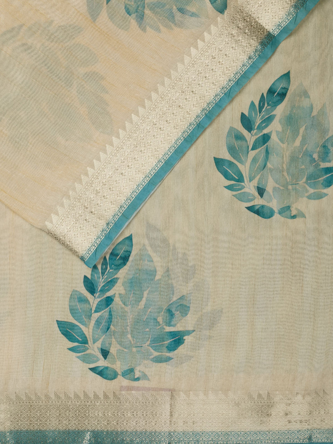 Firozi Chanderi Floral Print Banarasi Saree_2