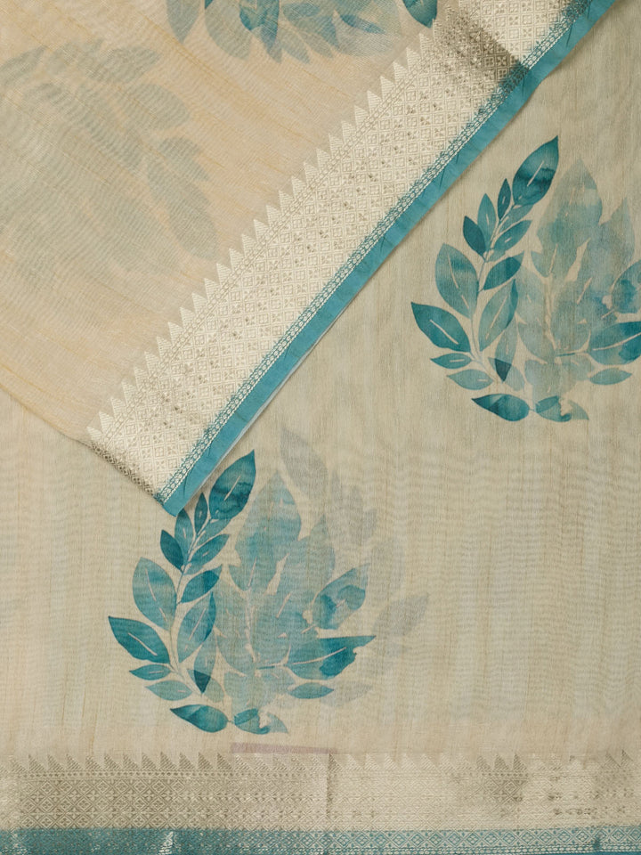 Firozi Chanderi Floral Print Banarasi Saree