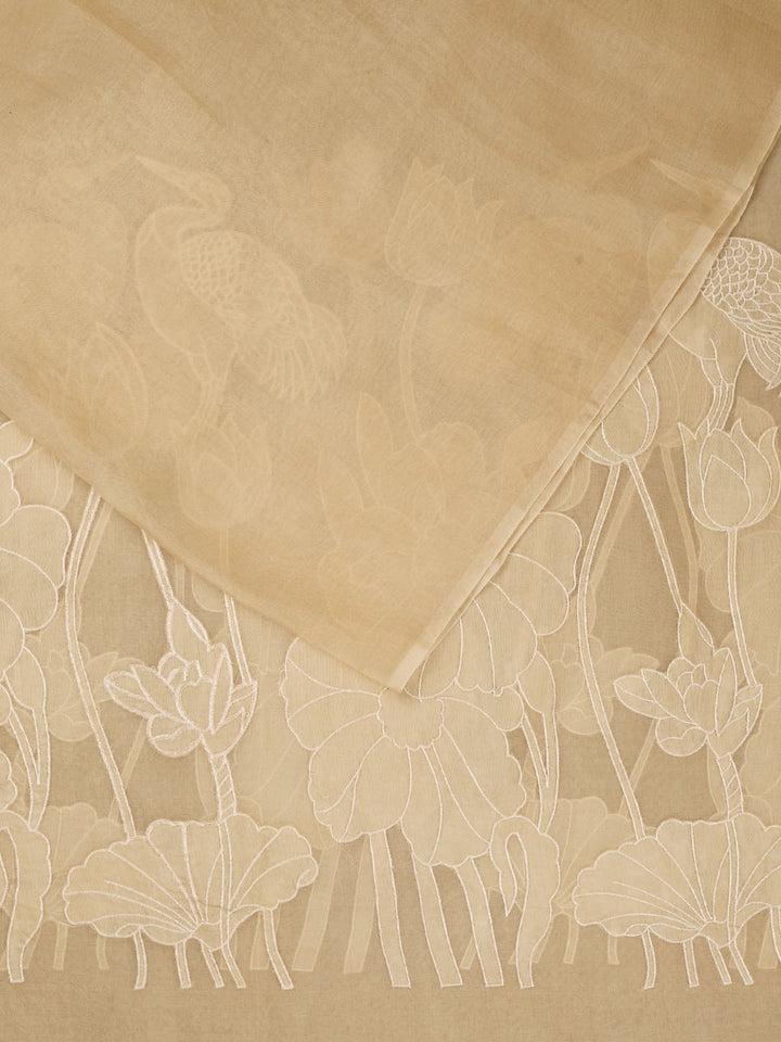 Beige Pure Organza Plain Banarasi Saree