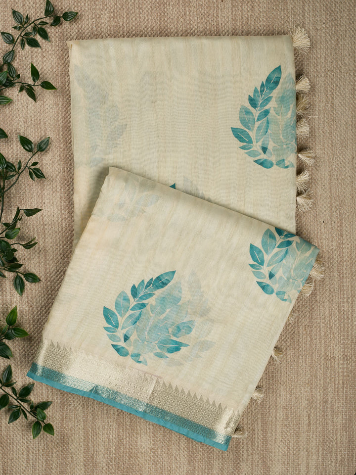 Firozi Chanderi Floral Print Banarasi Saree