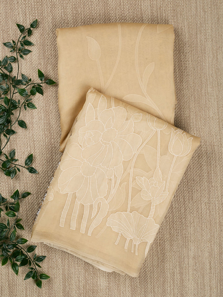 Beige Pure Organza Plain Banarasi Saree