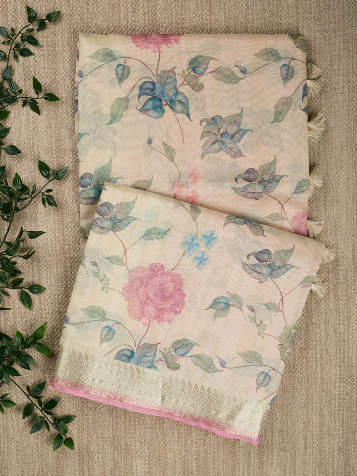 Pink Chanderi Printed Banarasi Saree