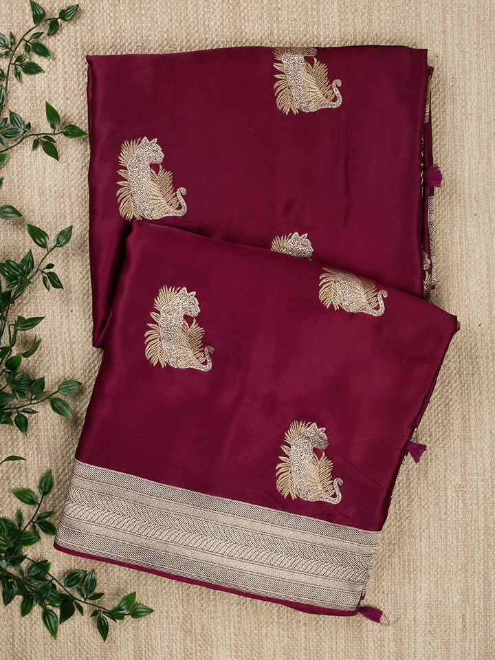 Wine Mysore Silk Zari Buti  Banarasi Saree