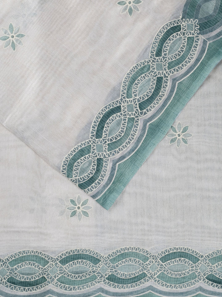 Green Cotton Print With Thread Embroidery Banarasi Saree