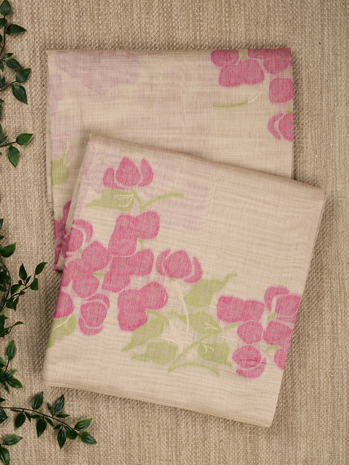 Biege Cotton Floral Buta Banarasi Saree