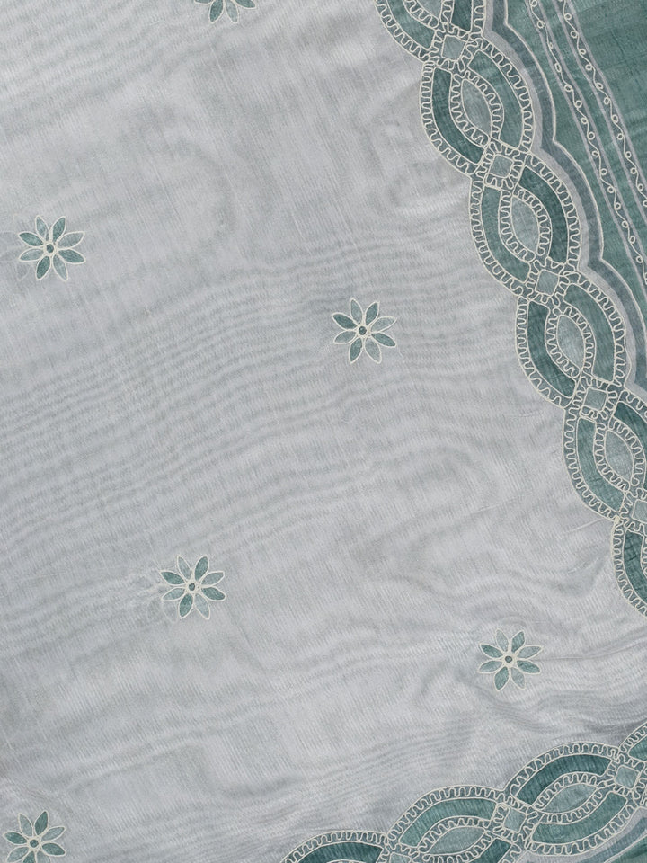 Green Cotton Print With Thread Embroidery Banarasi Saree
