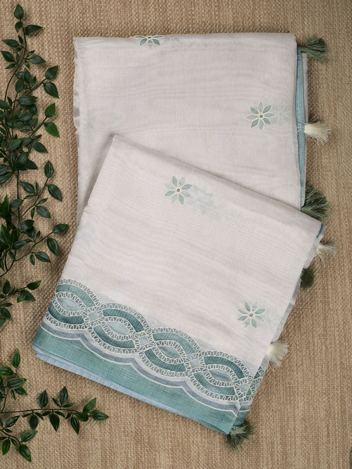 Green Cotton Print With Thread Embroidery Banarasi Saree