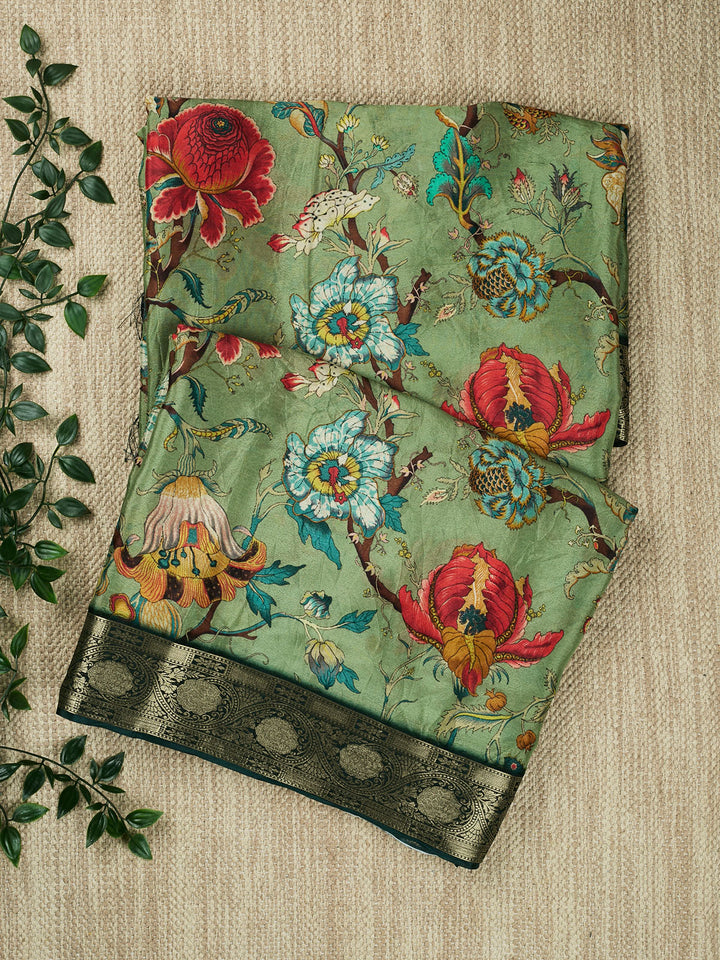 Green Chiffon Printed Banarasi Saree