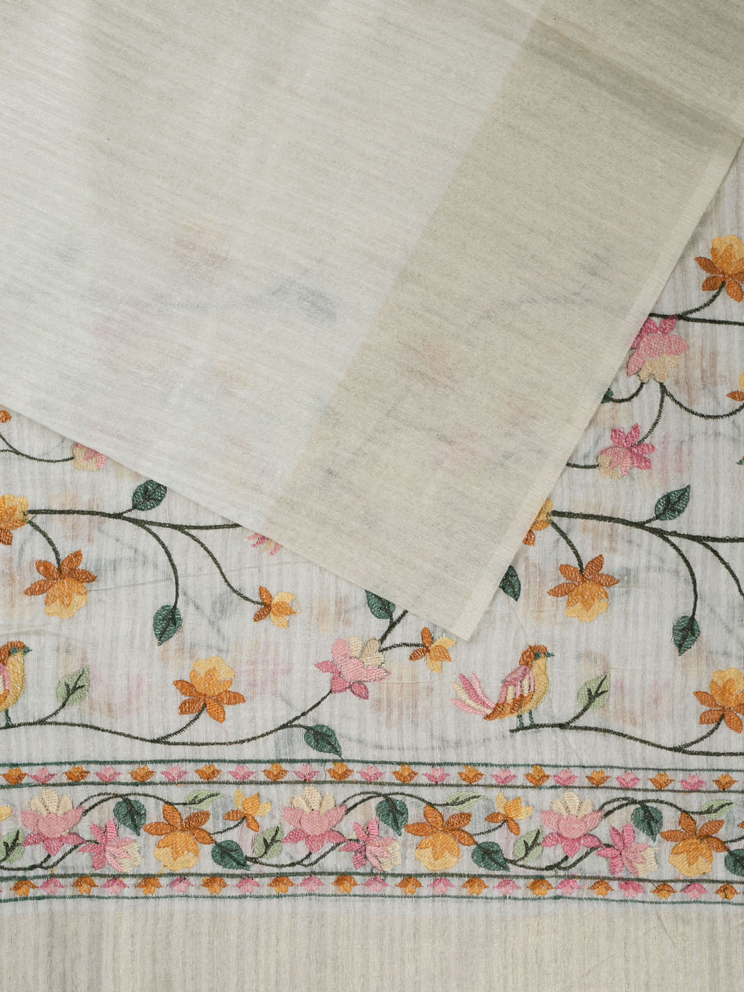 Cream linen Bird Jaal Banarasi Saree_2