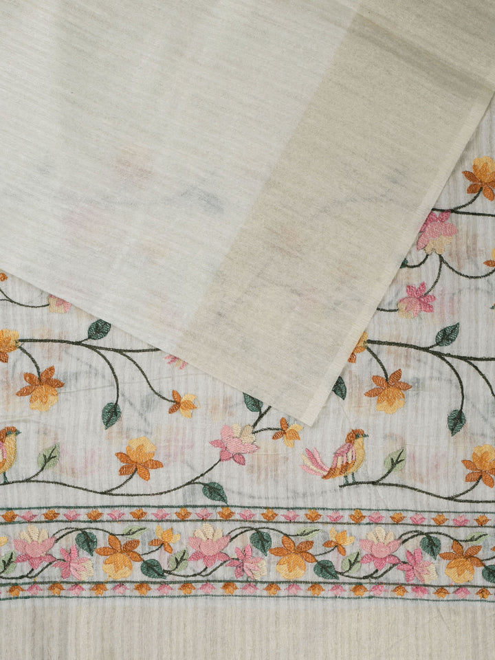 Cream linen Bird Jaal Banarasi Saree