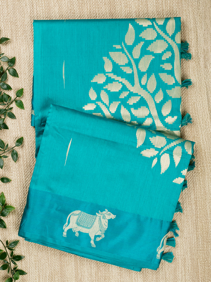 Firozi Cotton Plain Banarasi Saree