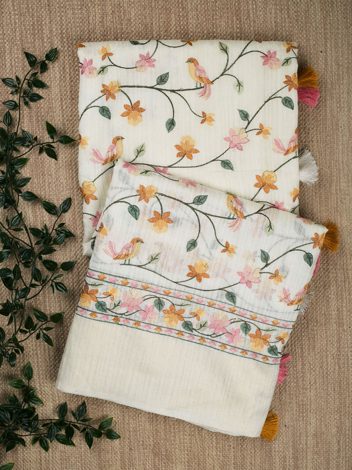Cream linen Bird Jaal Banarasi Saree