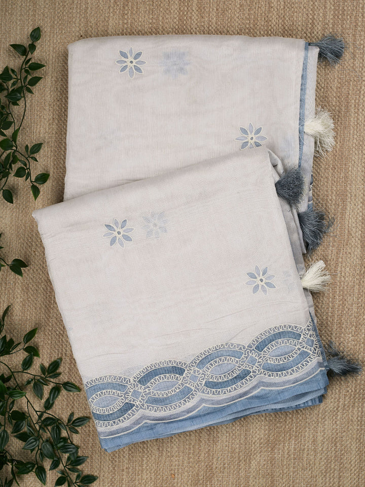 Grey Cotton Print With Thread Embroidery Banarasi Saree