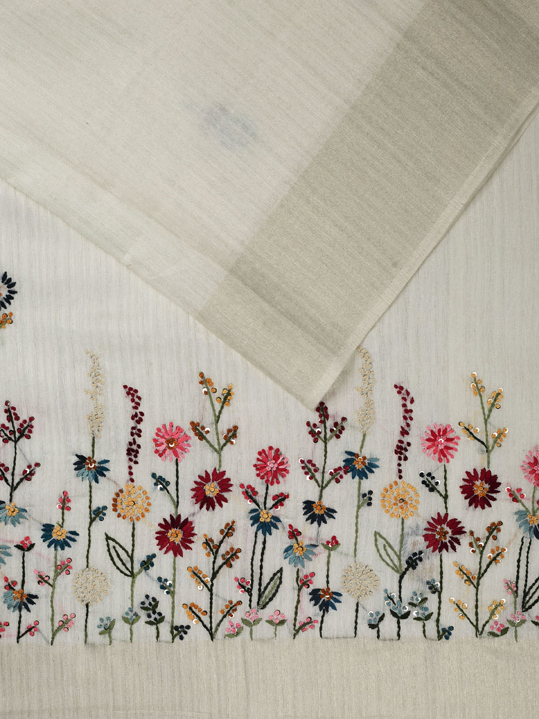 Cream linen Thread Embroidery Banarasi Saree_2