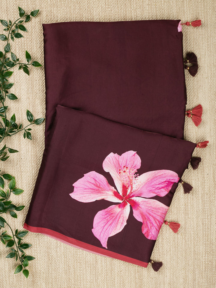 Wine Satin Printed Banarasi Saree