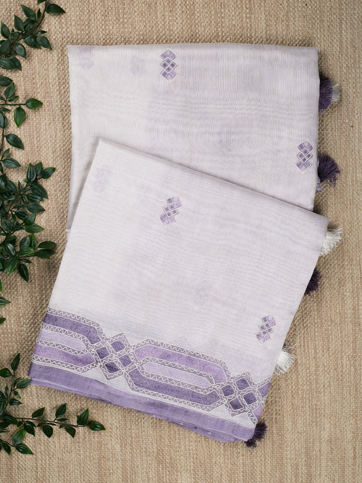 Mauve Cotton Print With Thread Embroidery Banarasi Saree