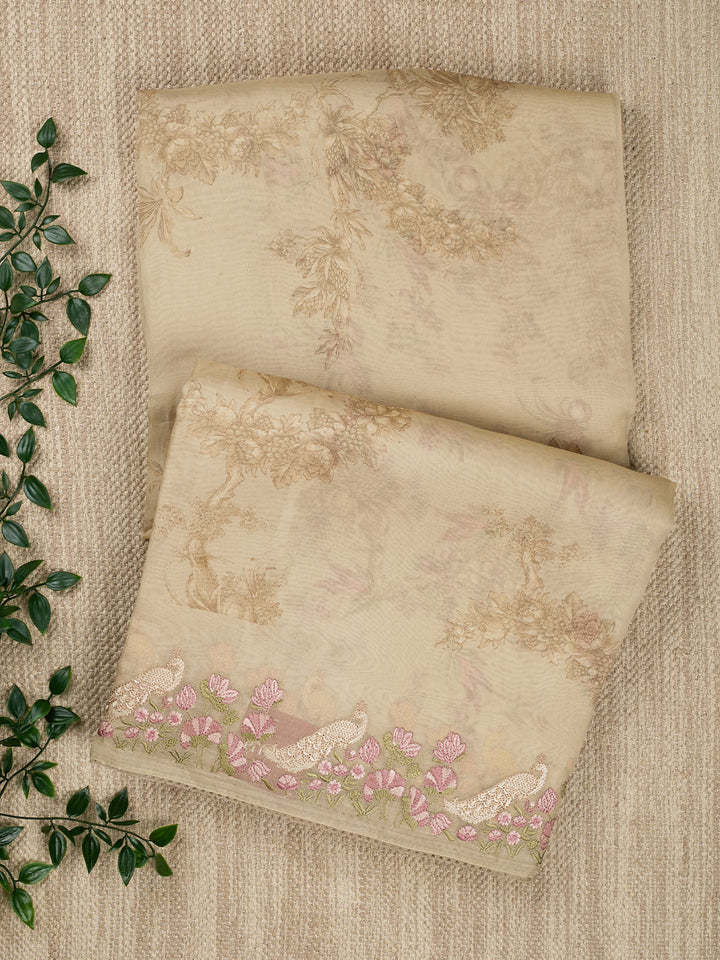 Brown Pure Organza Printed Banarasi Saree