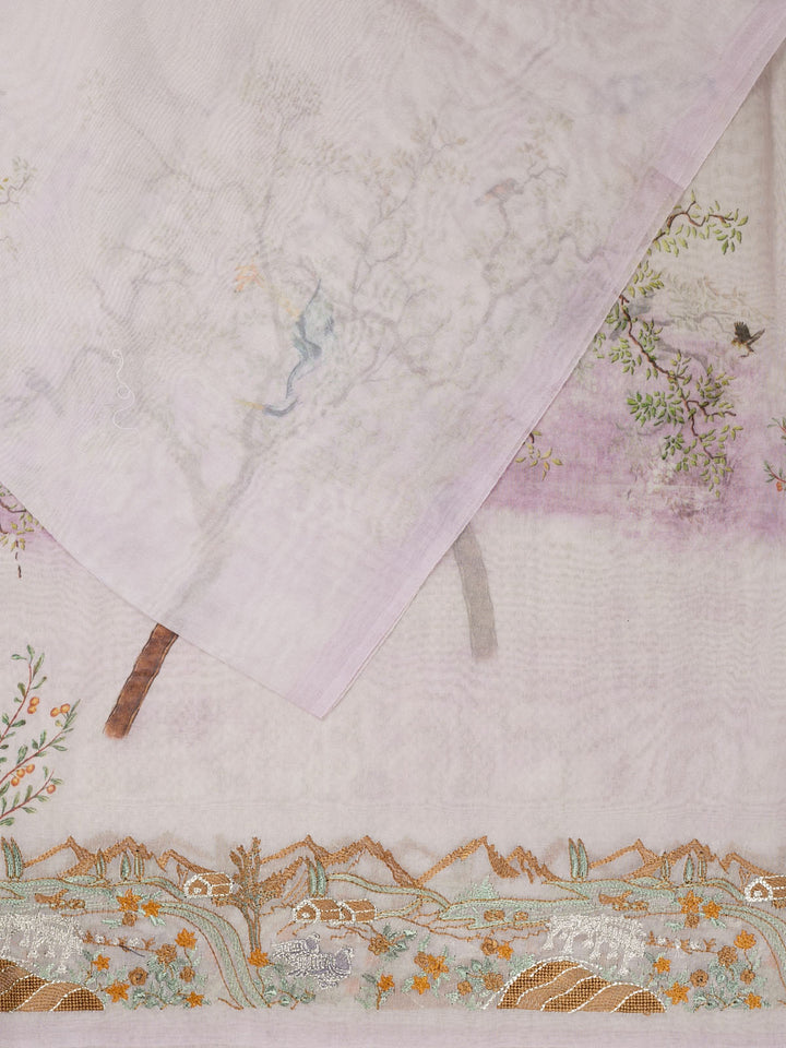 Purple Pure Organza Printed Banarasi Saree