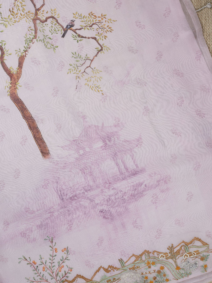 Purple Pure Organza Printed Banarasi Saree