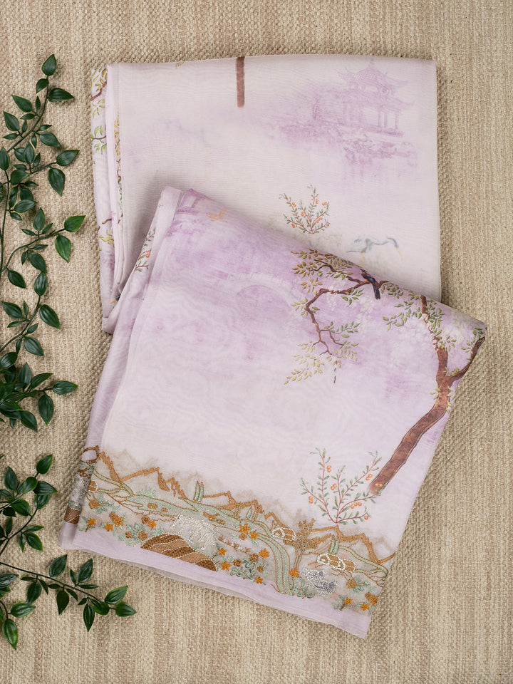 Purple Pure Organza Printed Banarasi Saree