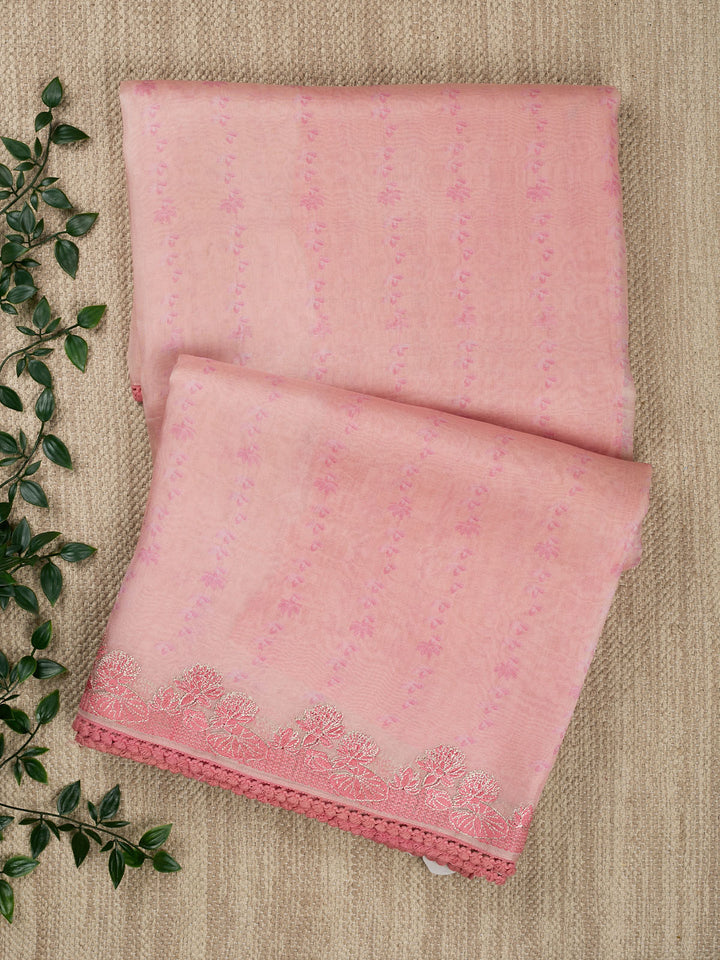 Peach Pure Organza Printed Banarasi Saree