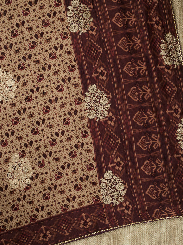 Beige Dola Silk Printed Banarasi Saree