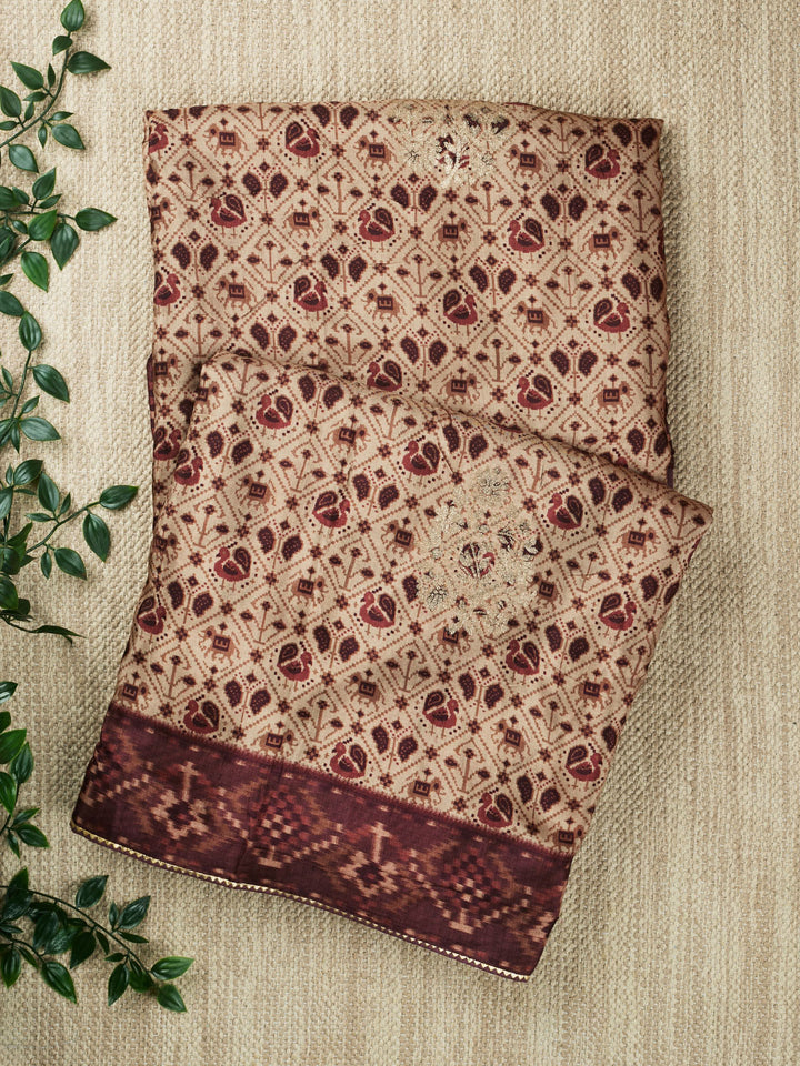 Beige Dola Silk Printed Banarasi Saree