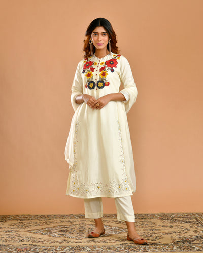 Cream Dola Silk Hand & Machine Embroidery Ethnic Suit Set