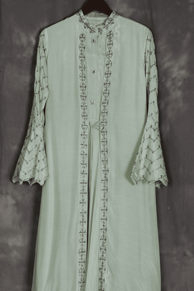 Green Muslin Gown With Attached Cape