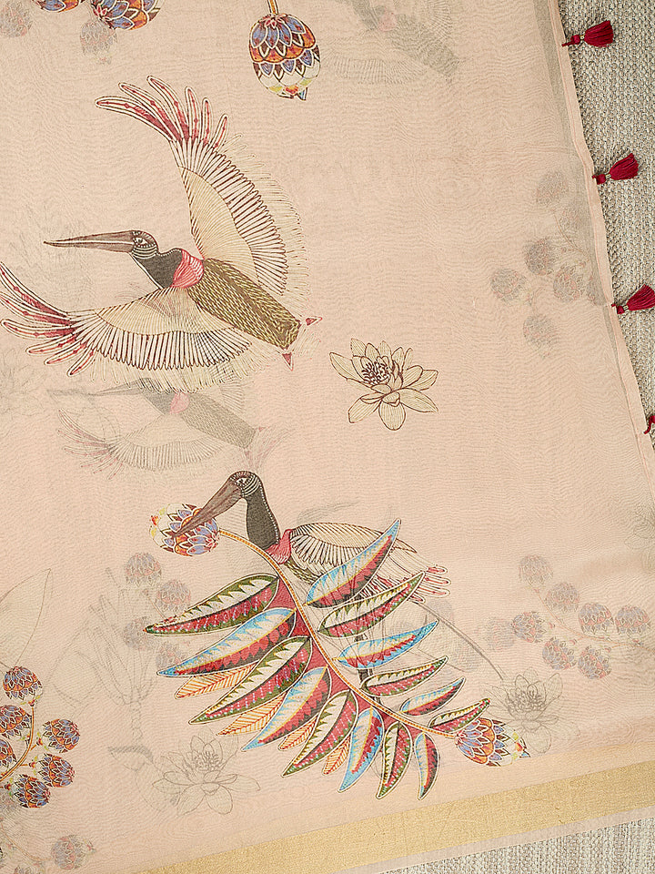 Peach Organza Silk Printed Banarasi Saree