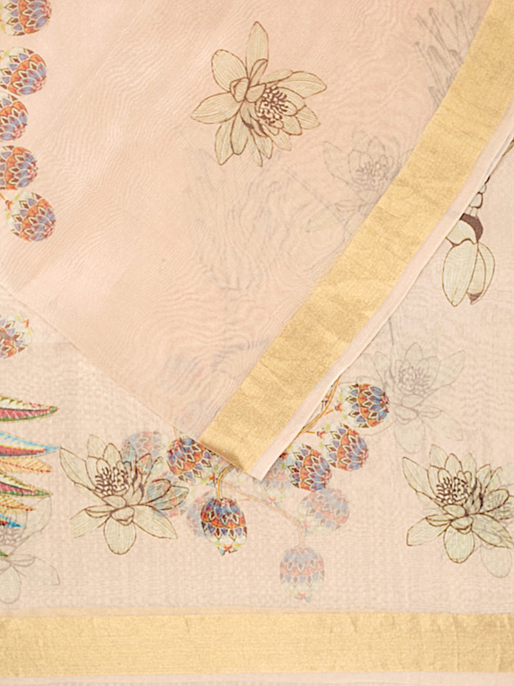 Peach Organza Silk Printed Banarasi Saree