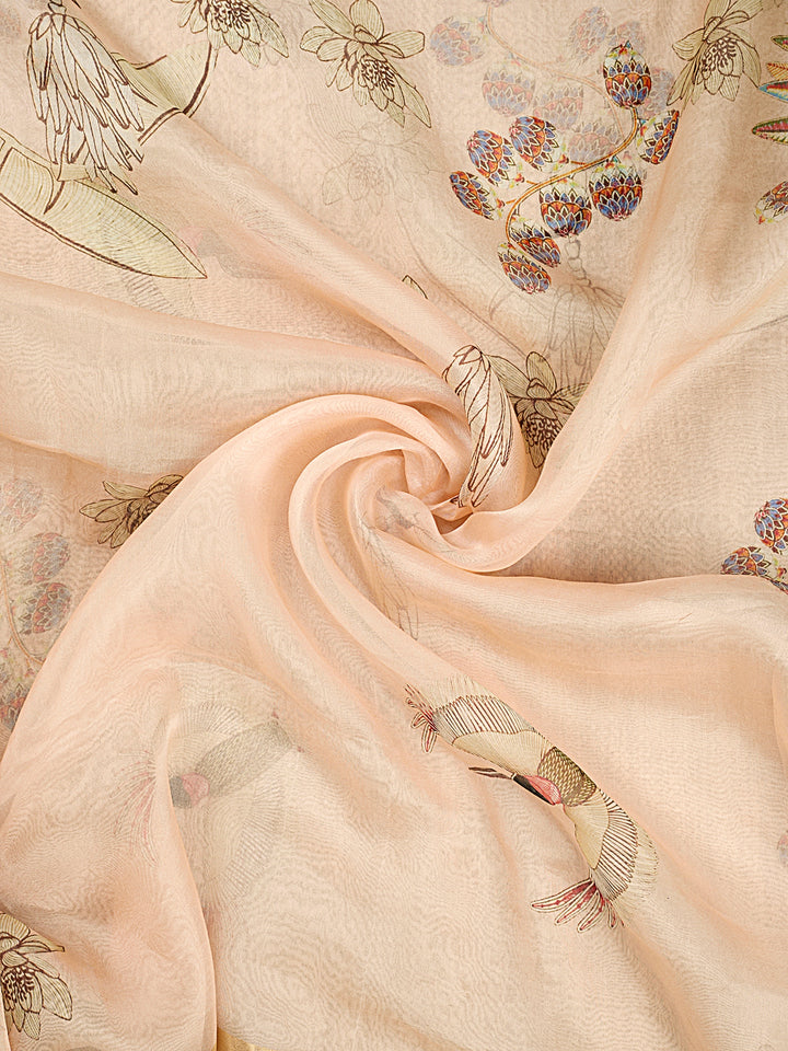 Peach Organza Silk Printed Banarasi Saree