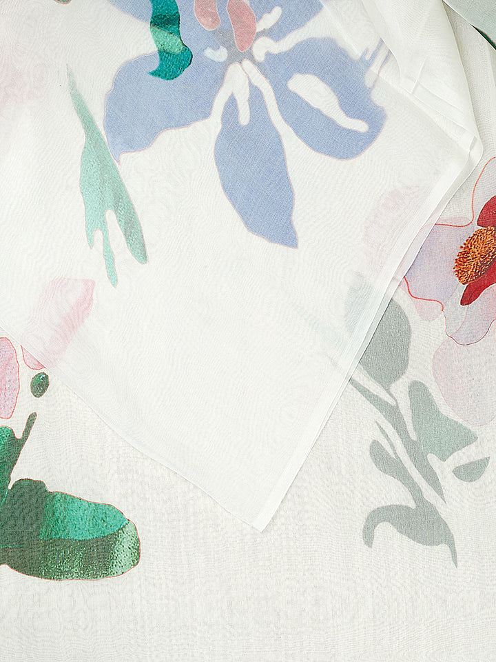 White Organza Silk Printed Banarasi Saree