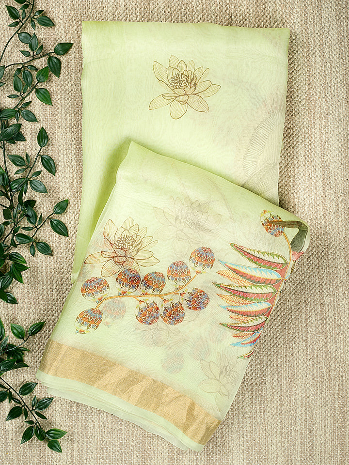 Green Organza Silk Printed Banarasi Saree