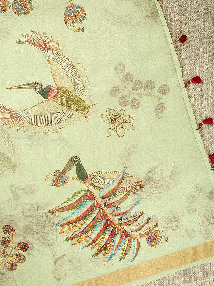 Green Organza Silk Printed Banarasi Saree