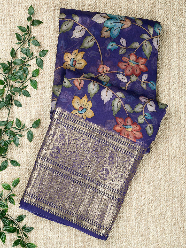 Blue Organza Silk Kalamkari Print Banarasi Saree