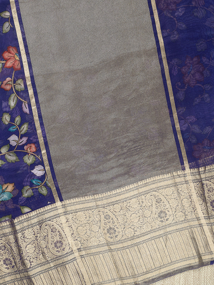 Blue Organza Silk Kalamkari Print Banarasi Saree