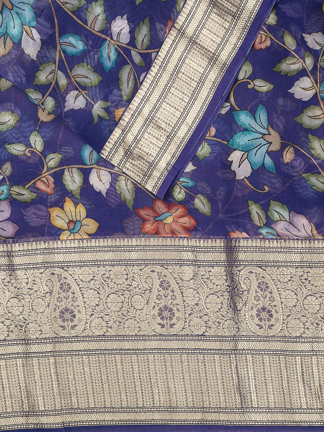 Blue Organza Silk Kalamkari Print Banarasi Saree_2