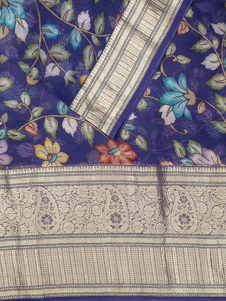 Blue Organza Silk Kalamkari Print Banarasi Saree