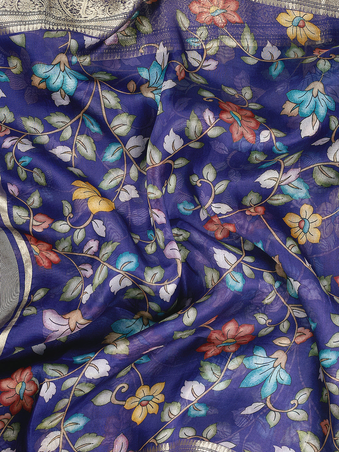 Blue Organza Silk Kalamkari Print Banarasi Saree_5