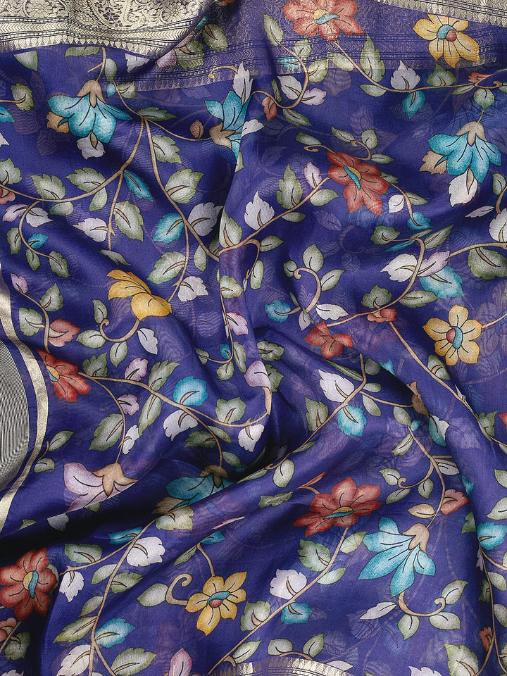 Blue Organza Silk Kalamkari Print Banarasi Saree